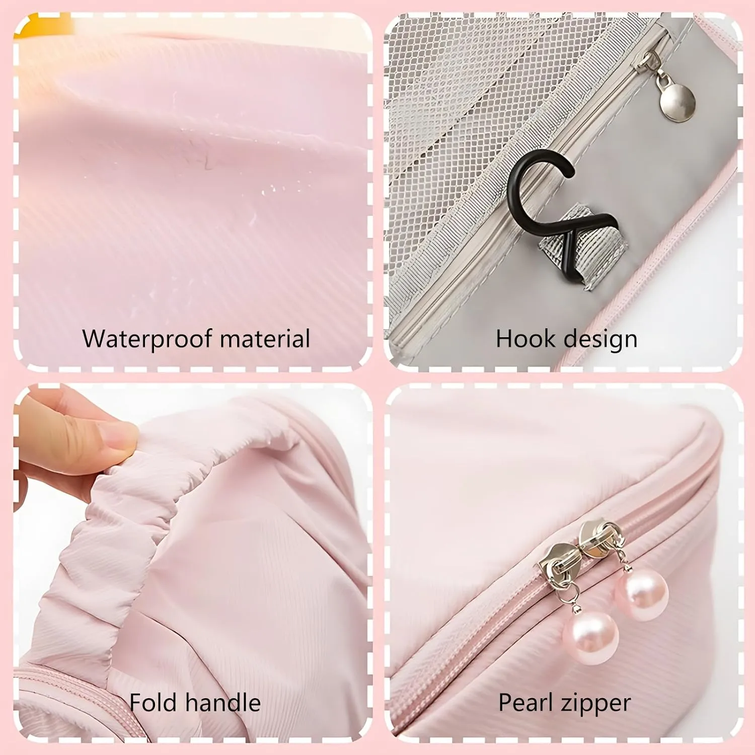 Travel Toiletry Bag with Hanging Hook, Lightweight and Portable Cosmetic Bag for Women, Small Makeup Bag for travelling Pink