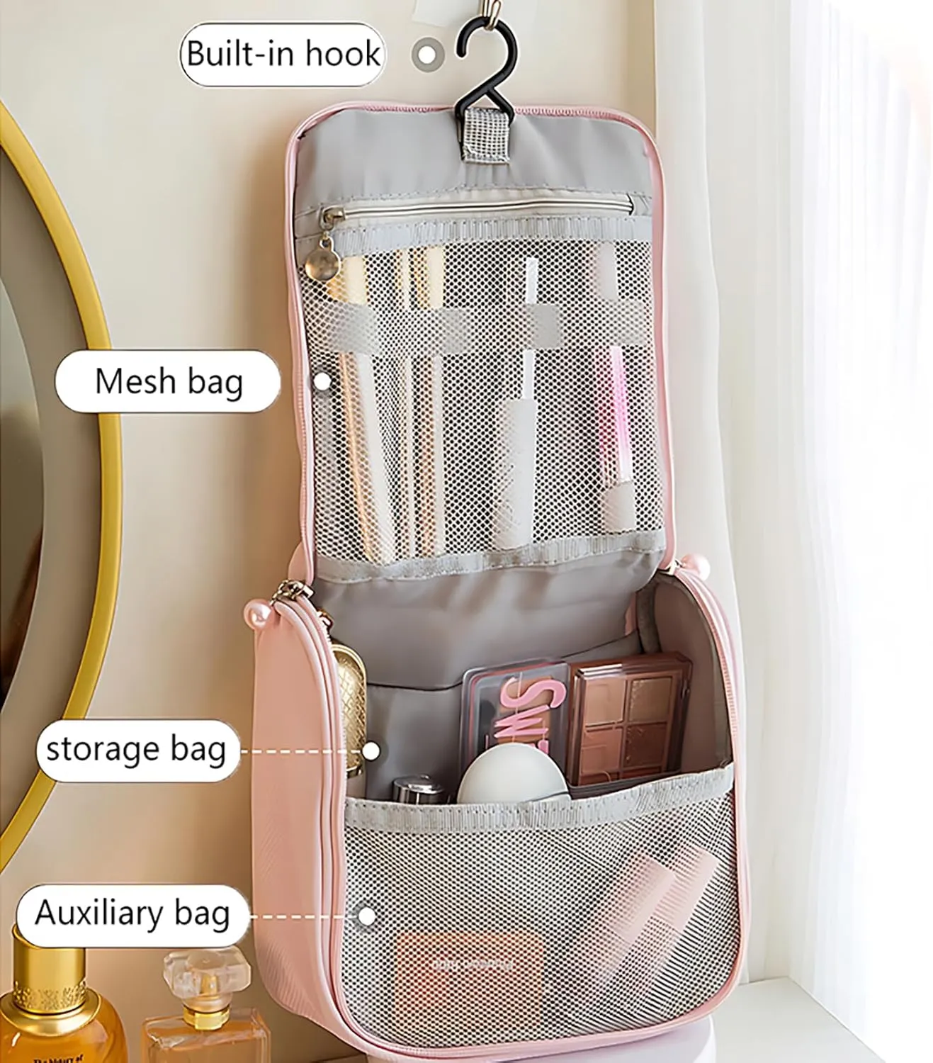 Travel Toiletry Bag with Hanging Hook, Lightweight and Portable Cosmetic Bag for Women, Small Makeup Bag for travelling Pink