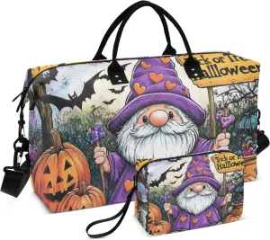 Travel Tote Bag Large Carry On Bag Tote Bag with Toiletry Bag for Yoga Foldable Halloween Pumpkin Dwarf Purple