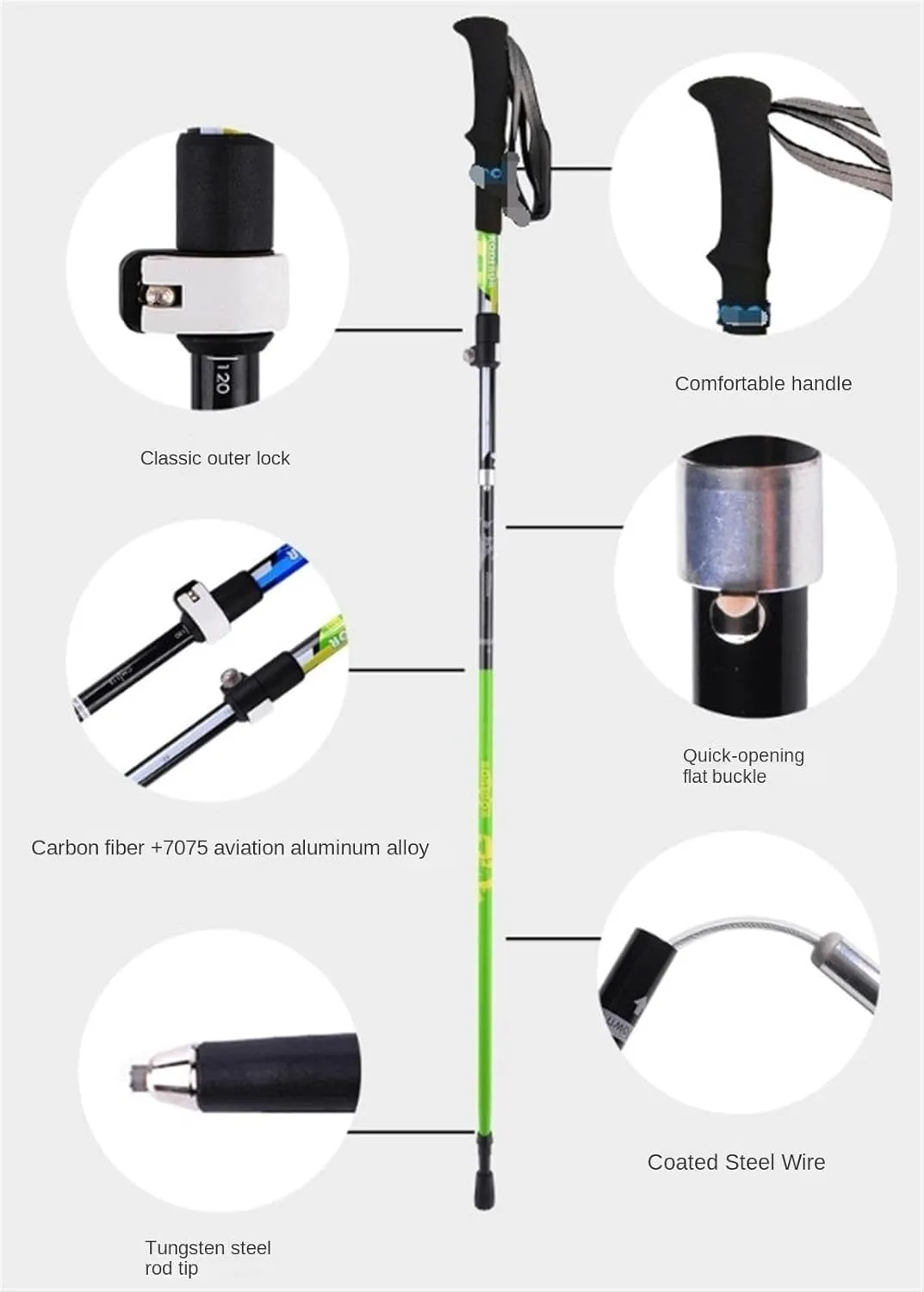 Travel Trekking Pole Outdoor Carbon Fiber Trekking Poles Walking Climbing Poles Telescopic Foldable Sticks Outdoor Activities(Green)