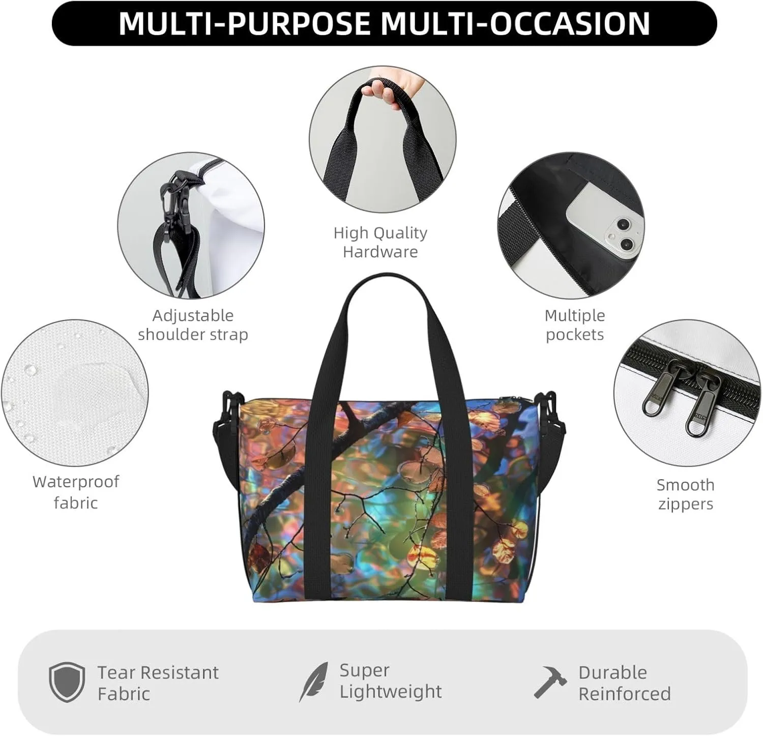 tree branches colorful leaves print Travel Duffel Bag, Sports Tote Gym Bag, Swim Pool Bag Large Shoulder Tote Bag for Beach Weekender