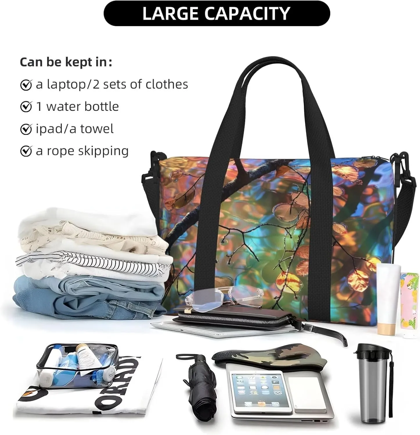 tree branches colorful leaves print Travel Duffel Bag, Sports Tote Gym Bag, Swim Pool Bag Large Shoulder Tote Bag for Beach Weekender