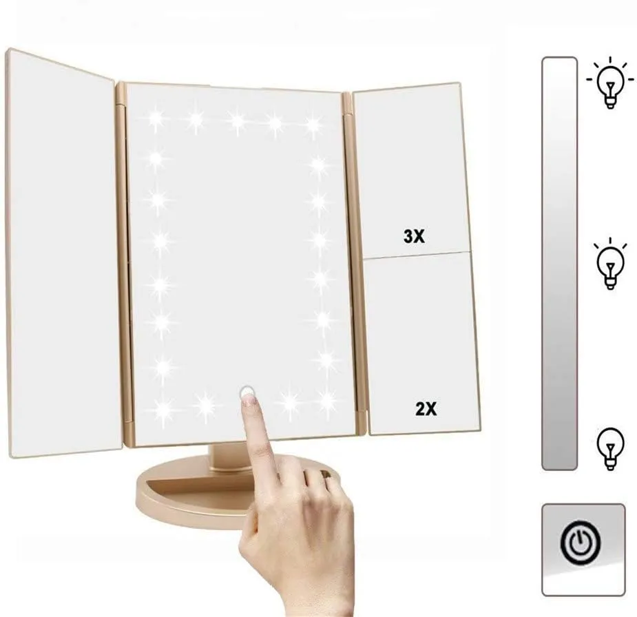 Trifold Makeup Mirror Vanity Mirror with Lights,1X 2X 3X Magnification,Touch Screen,180 Adjustable Rotation,Portable Travel Bathroom Cosmetic Mirror
