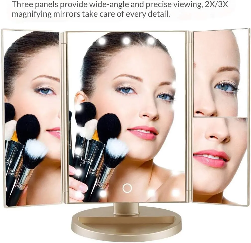 Trifold Makeup Mirror Vanity Mirror with Lights,1X 2X 3X Magnification,Touch Screen,180 Adjustable Rotation,Portable Travel Bathroom Cosmetic Mirror