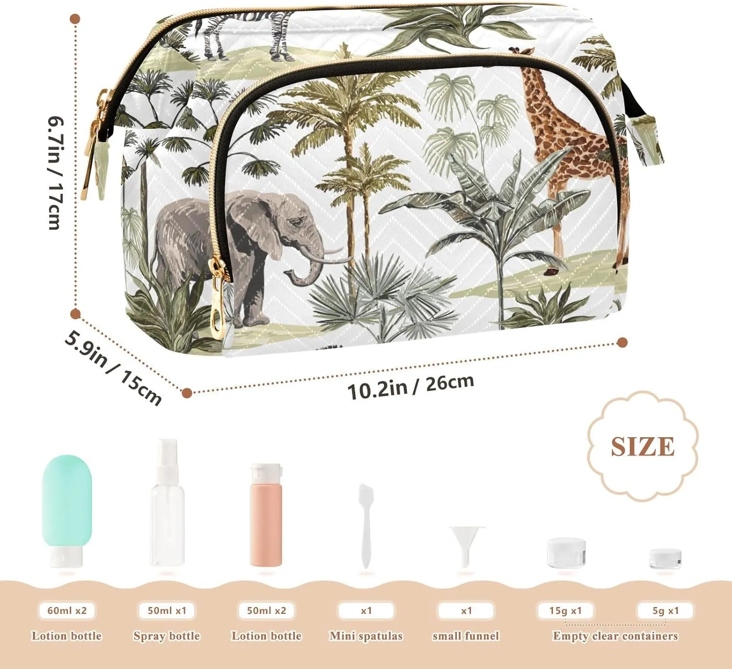 Tropical Hawaiian Palm Trees Zebra Giraffe Elephant Leopard on White Women Cosmetic Bag Makeup Bag Stylish Trip Beauty Bag Travel Toiletry Bag with Bottle Organizer 10.2 x 5.9 x 6.7 inch
