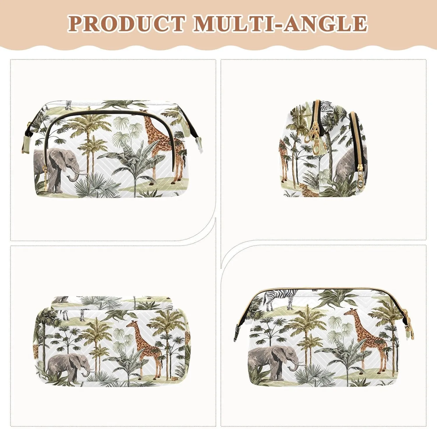 Tropical Hawaiian Palm Trees Zebra Giraffe Elephant Leopard on White Women Cosmetic Bag Makeup Bag Stylish Trip Beauty Bag Travel Toiletry Bag with Bottle Organizer 10.2 x 5.9 x 6.7 inch