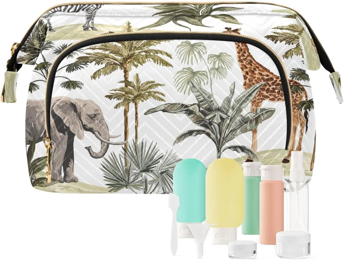 Tropical Hawaiian Palm Trees Zebra Giraffe Elephant Leopard on White Women Cosmetic Bag Makeup Bag Stylish Trip Beauty Bag Travel Toiletry Bag with Bottle Organizer 10.2 x 5.9 x 6.7 inch