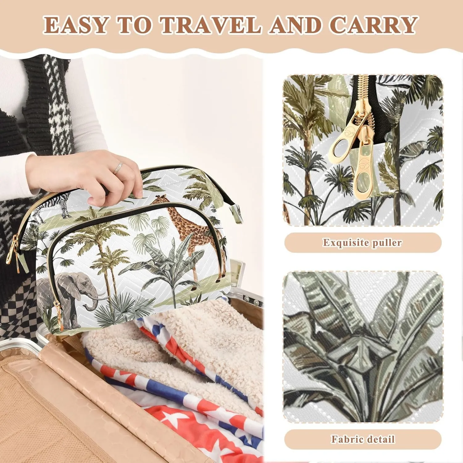 Tropical Hawaiian Palm Trees Zebra Giraffe Elephant Leopard on White Women Cosmetic Bag Makeup Bag Stylish Trip Beauty Bag Travel Toiletry Bag with Bottle Organizer 10.2 x 5.9 x 6.7 inch