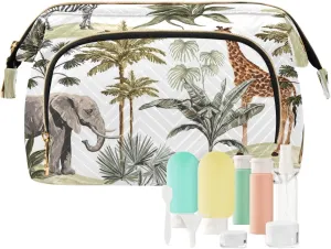 Tropical Hawaiian Palm Trees Zebra Giraffe Elephant Leopard on White Women Cosmetic Bag Makeup Bag Stylish Trip Beauty Bag Travel Toiletry Bag with Bottle Organizer 10.2 x 5.9 x 6.7 inch