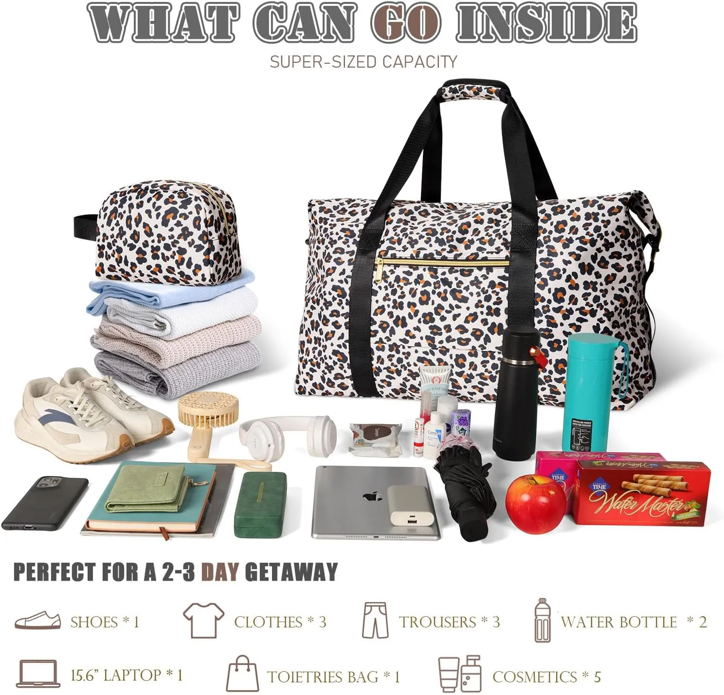Tuwubi Travel Duffle Bag, Gym Bag for Women, Weekender Bag, Tote Bag, 45L Travel Duffel Bags with Small Pouch - Leopard Print