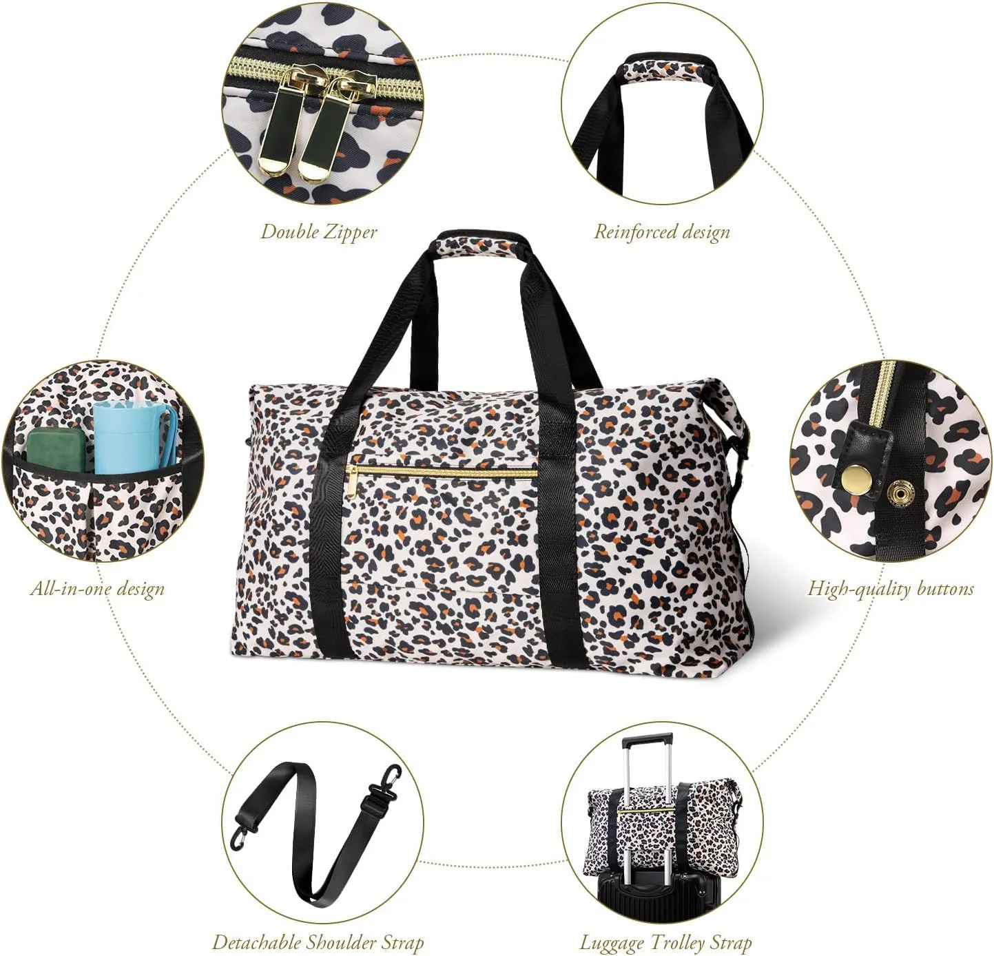 Tuwubi Travel Duffle Bag, Gym Bag for Women, Weekender Bag, Tote Bag, 45L Travel Duffel Bags with Small Pouch - Leopard Print