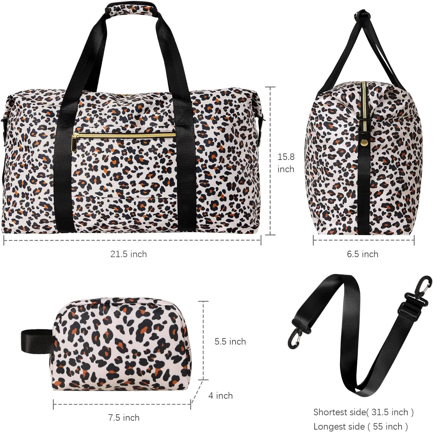 Tuwubi Travel Duffle Bag, Gym Bag for Women, Weekender Bag, Tote Bag, 45L Travel Duffel Bags with Small Pouch - Leopard Print