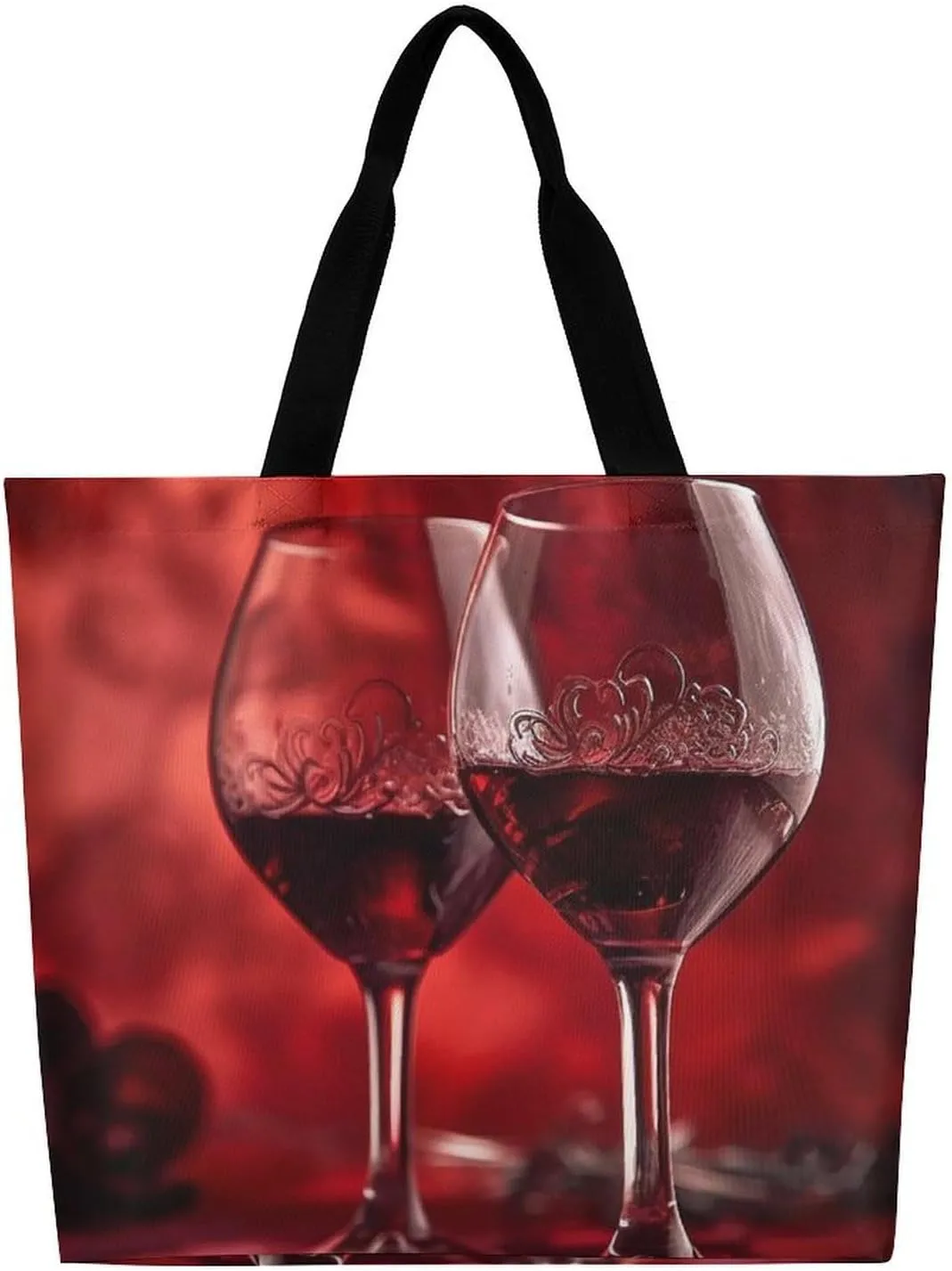 Two Glasses of Wine Tote Bag Large Women Casual Shoulder Bag Reusable Grocery Bag Fasion Handbag for Office Shopping Travel