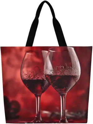 Two Glasses of Wine Tote Bag Large Women Casual Shoulder Bag Reusable Grocery Bag Fasion Handbag for Office Shopping Travel