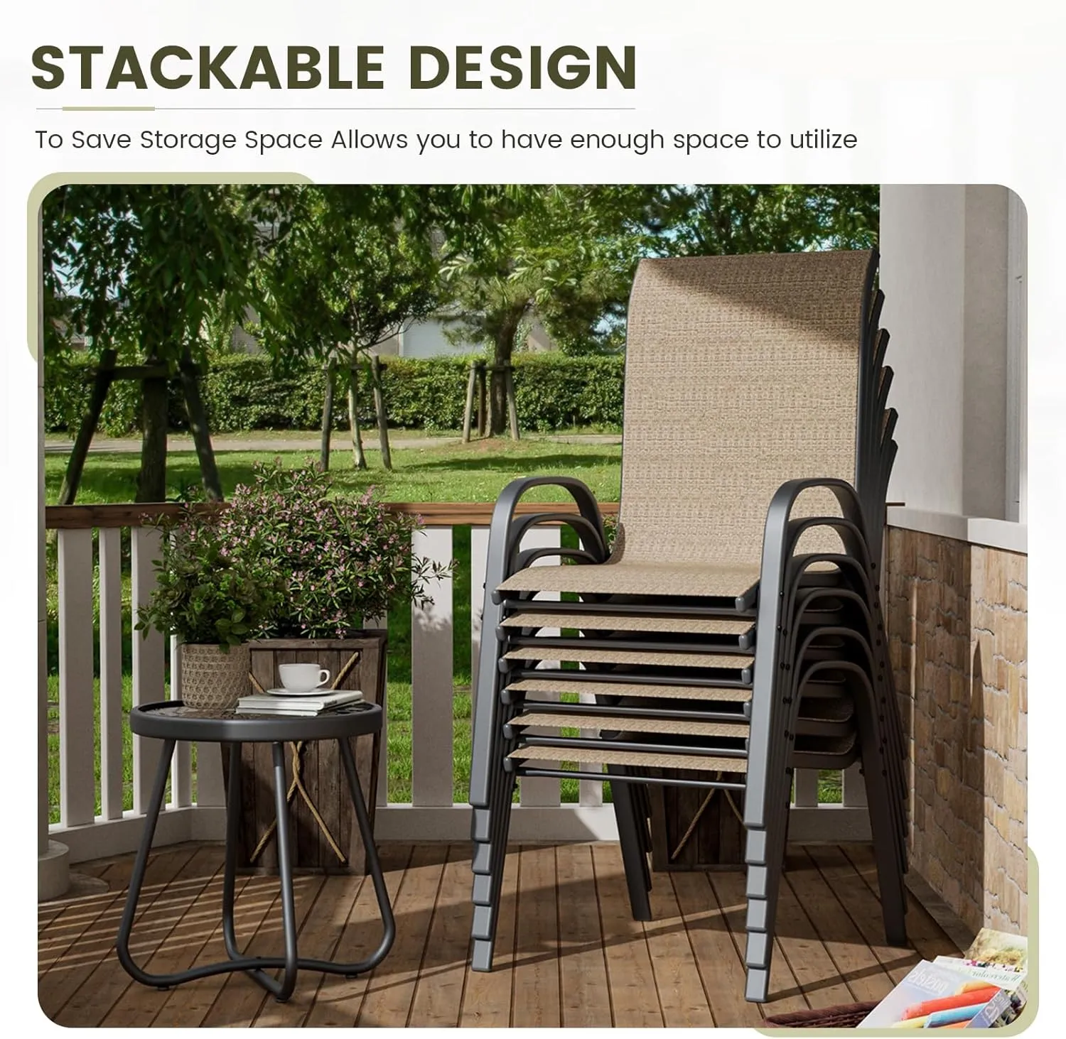 UDPATIO Patio Chairs Set of 6, Stackable Outdoor Dining Chairs for All Weather, Outdoor Furniture with Breathable Textilene Fabric, 350LBS Capacity, for Garden, Backyard, Deck (Brown)