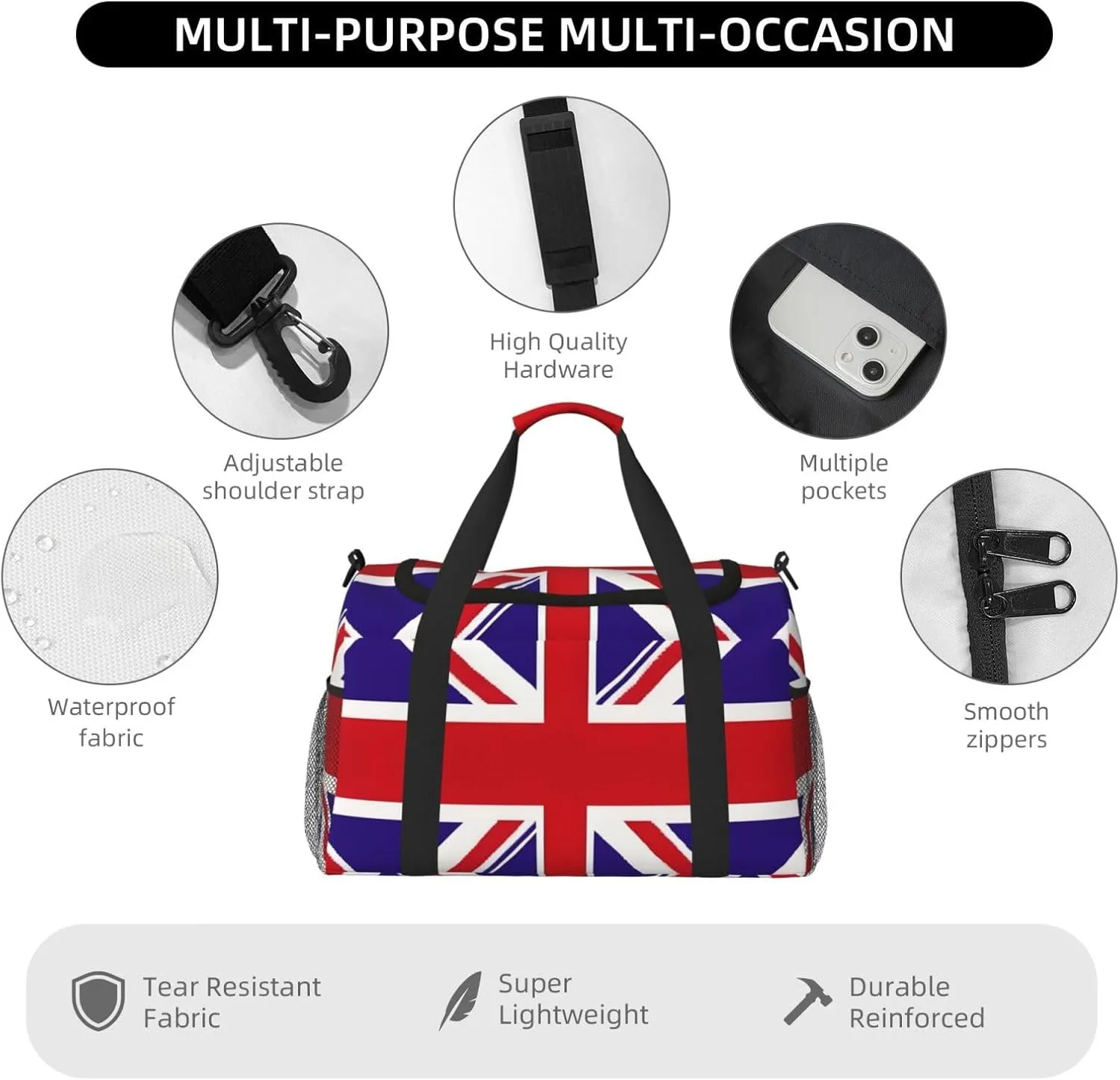 Uk Flag Travel Duffel Bag With Zippers And Handles, Big Foldable Duffle Bag For Family Vacations