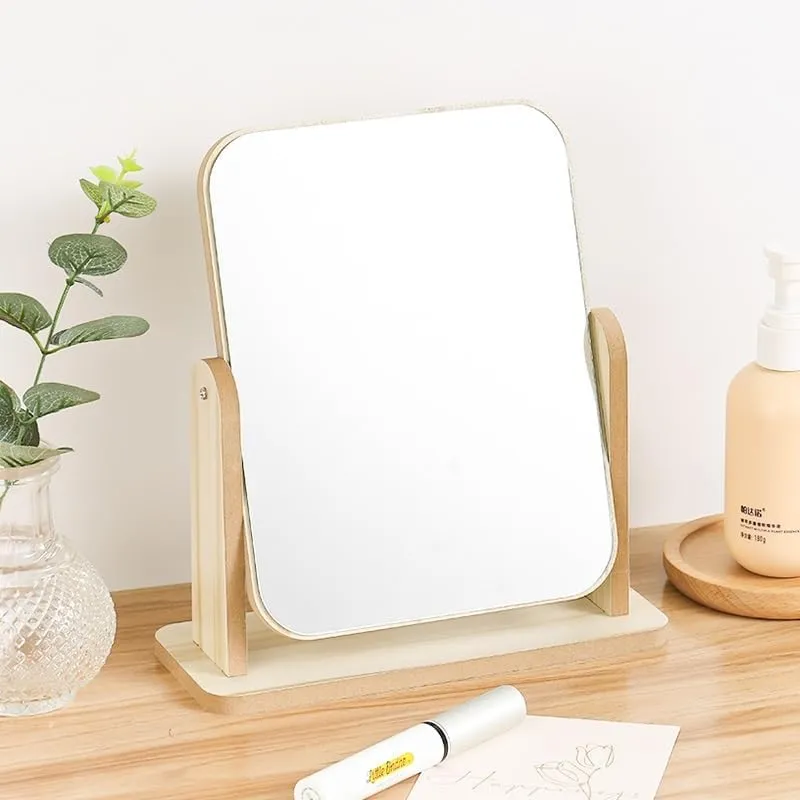 Ultra-Clear Mirror Wooden Simple Desktop Makeup Mirror Rotatable Home Student Dormitory Portable Desktop Makeup Mirror