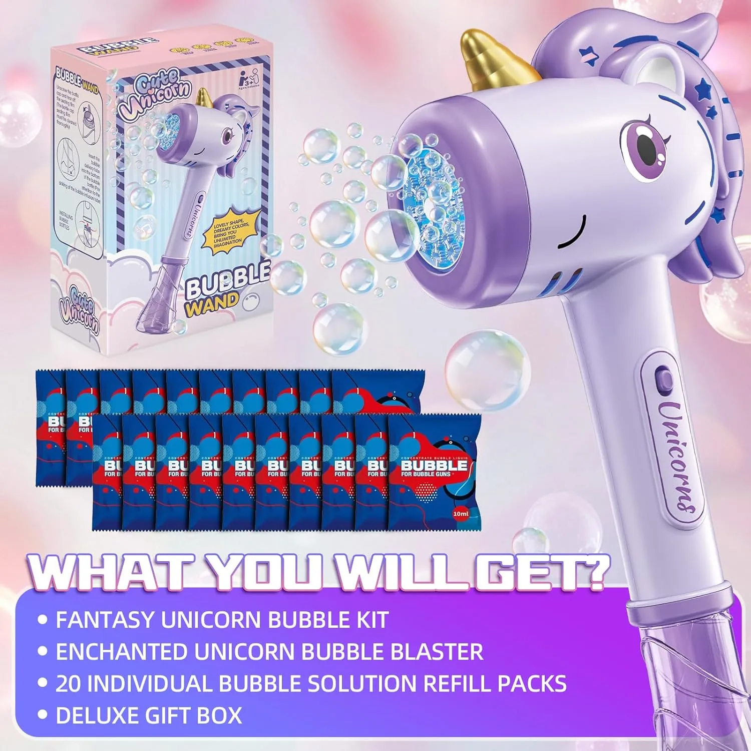 Unicorn Bubble Wands (20 Bottles Refill Solution) - Bubble Gun & Bubble Machine for Girls, Kids & Toddlers Ages 3-14, Outdoor Toys, Easter Party & Birthday Gift, with Ergonomic Handle – Purple