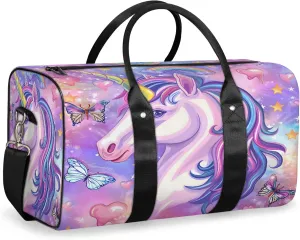 Unicorn Butterfly Travel Duffle Bag, Sports Gym Bags for Women Men, Carry On Weekender Overnight Workout Airplane Trips Bag