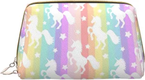 Unicorns On Colorful Stripes Toiletry Pouch, Travel-Friendly Makeup Organizer For Makeup Brushes, Lipsticks