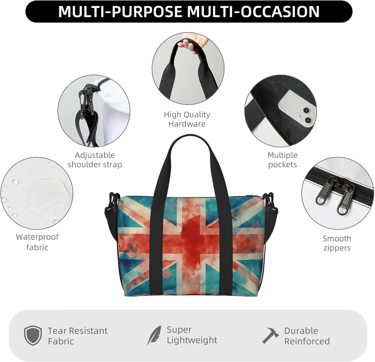 union jack flag print Travel Duffel Bag, Sports Tote Gym Bag, Swim Pool Bag Large Shoulder Tote Bag for Beach Weekender
