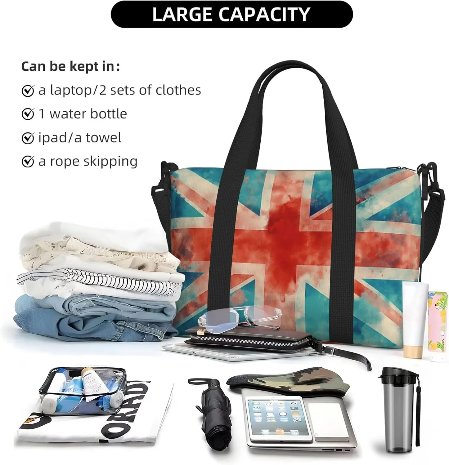 union jack flag print Travel Duffel Bag, Sports Tote Gym Bag, Swim Pool Bag Large Shoulder Tote Bag for Beach Weekender