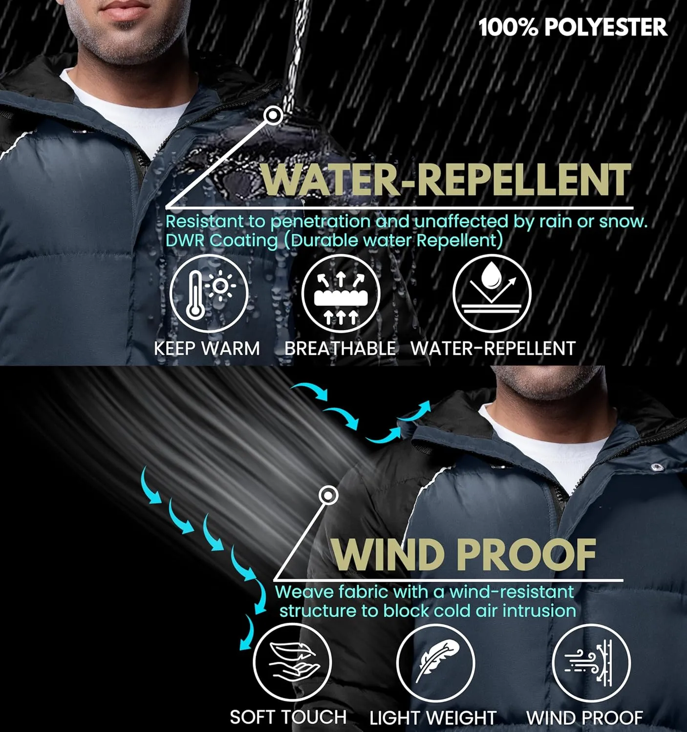 URBAN BUCK Mens Faux Fur Trimmed Hood Puffer Jacket Midweight Winter Down Windproof & Water Repellent Men Climbing Jackets