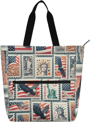 Us Postage Stamps Book Tote Bag with Zipper Pocket Large Capacity Casual Shoulder Bag for Women, Top Zipper Closure Holiday Gift