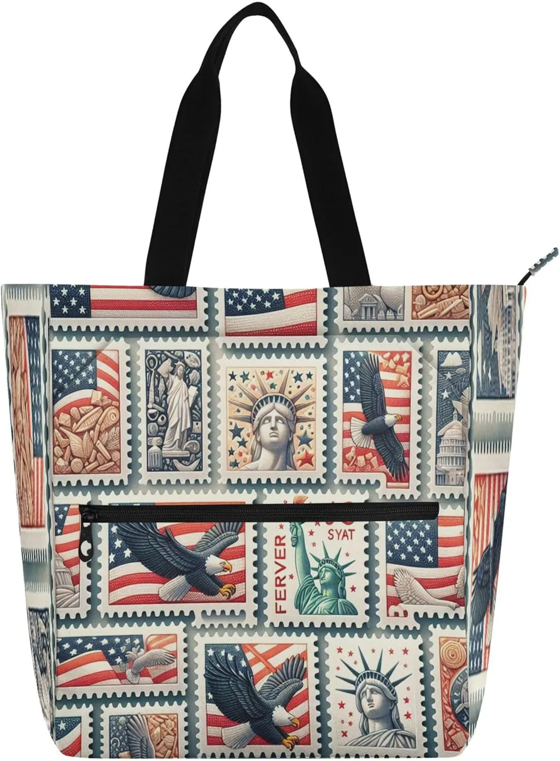 Us Postage Stamps Book Tote Bag with Zipper Pocket Large Capacity Casual Shoulder Bag for Women, Top Zipper Closure Holiday Gift