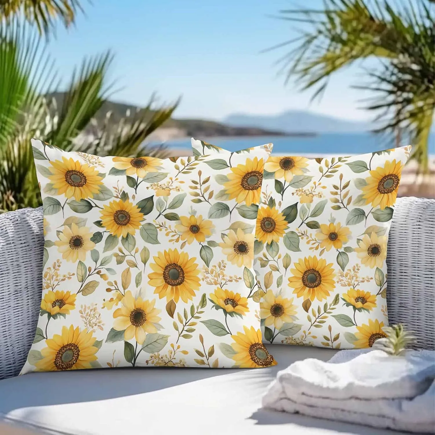 Vandarllin Outdoor Throw Pillows Covers 20x20 inch Set of 2 Waterproof Sunflower Decorative Zippered Cushion Covers for Patio Furniture, Village Art Lumbar Pillowcases