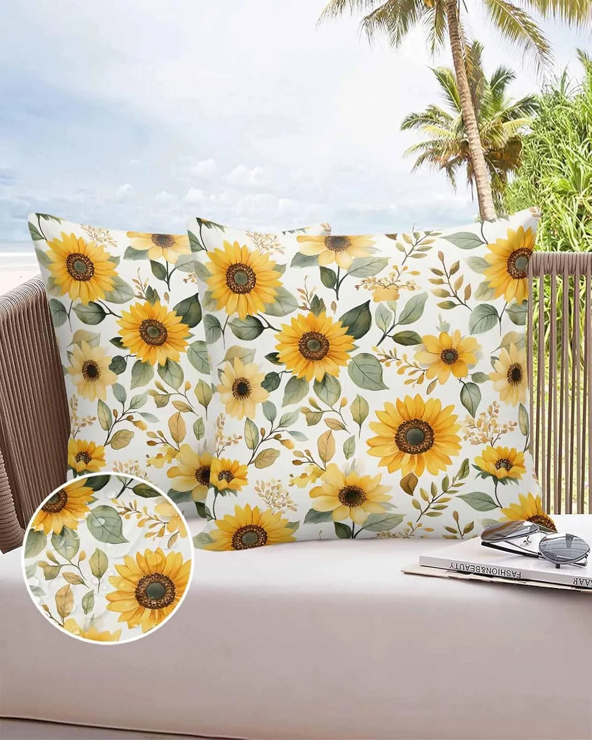 Vandarllin Outdoor Throw Pillows Covers 20x20 inch Set of 2 Waterproof Sunflower Decorative Zippered Cushion Covers for Patio Furniture, Village Art Lumbar Pillowcases