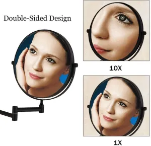 Vanity Mirror, 8 Inch Wall Mounted Makeup Mirror 1X/10X Magnifying, Double Sided 360° Swivel Extendable Shaving Cosmetic Mirror Round Vanity Mirror for Bathroom Hotels, Black