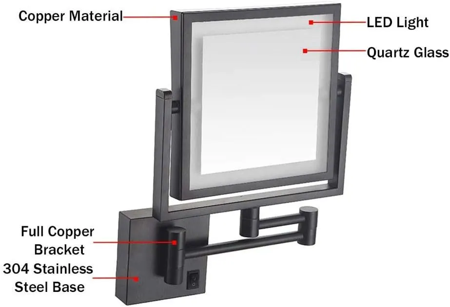Vanity Mirror Magnifying LED Lighted Makeup Mirror 3X Magnification Two-Sided Square Retractable Chrome Finish with Drilling Or Without Drilling (Color : #3)