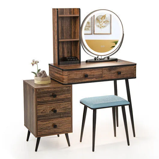 Vanity Table Set with 3-Color Lighted Mirror and Cushioned Stool-Rustic Brown -
