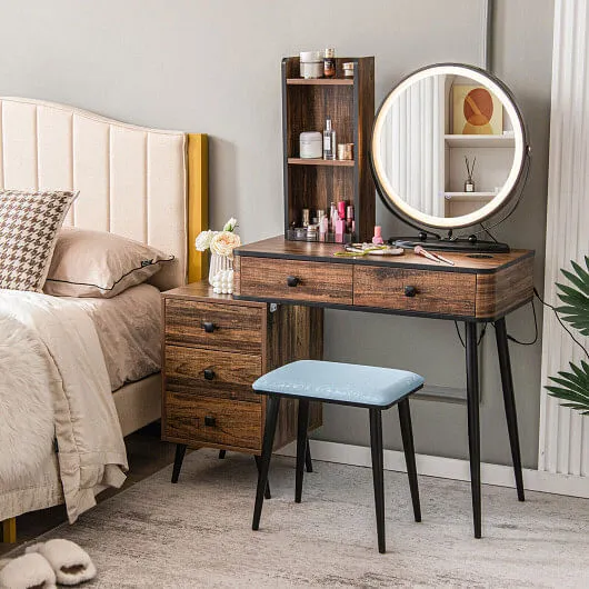 Vanity Table Set with 3-Color Lighted Mirror and Cushioned Stool-Rustic Brown -
