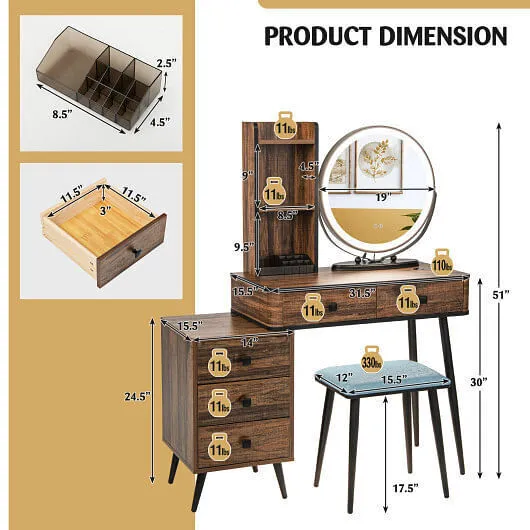 Vanity Table Set with 3-Color Lighted Mirror and Cushioned Stool-Rustic Brown -