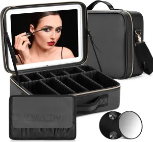 VANMRIOR Travel Makeup Bag with LED Lighted Make up Case with Mirror 3 Color Setting Cosmetic Makeup Box Organizer Vanity Case for Women Beauty Tools Accessories Case Rechargeable (big black)