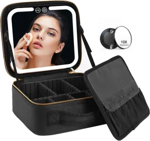 VANMRIOR Travel Makeup Bag with LED Lighted Make up Case with Mirror 3 Color Setting Cosmetic Makeup Box Organizer Vanity Case for Women Beauty Tools Accessories Case Rechargeable