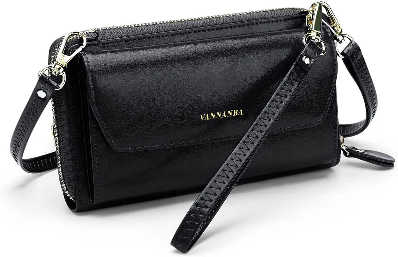 VANNANBA Wristlet Wallet for Women Large Genuine Leather Crossbody Clutch Wallet Purse Wrist Band and Shoulder Strap