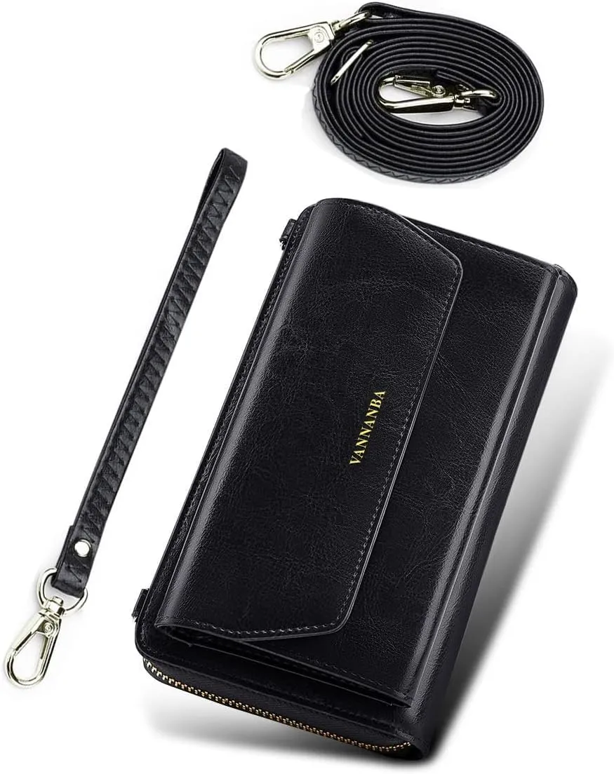 VANNANBA Wristlet Wallet for Women Large Genuine Leather Crossbody Clutch Wallet Purse Wrist Band and Shoulder Strap