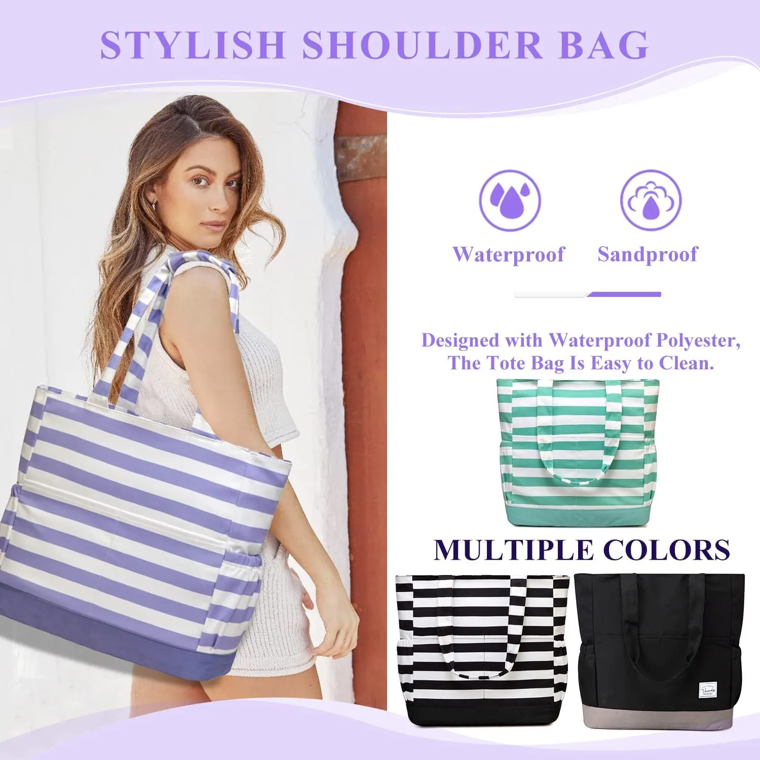 VASCHY Beach Bag for Women, Large Waterproof Sandproof Fold-able Packable Pool Tote Bag w Zipper/Pockets