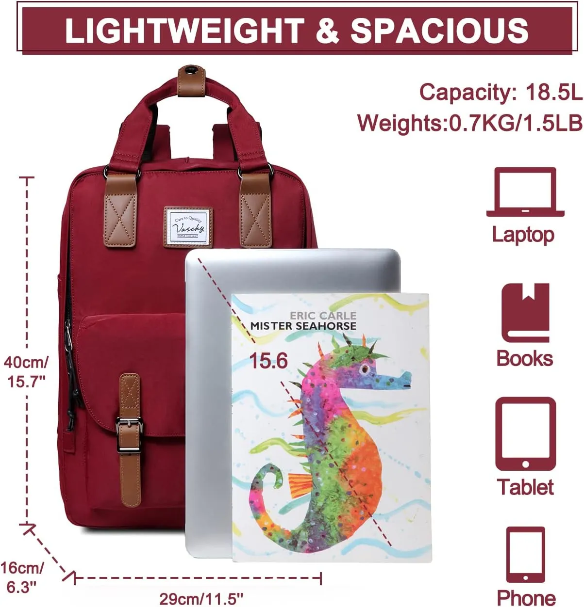 VASCHY School Backpack for Men and Women, Unisex Vintage Water Resistant Casual Daypack Rucksack Bookbag for College Fits 15inch Laptop Backpack Burgundy