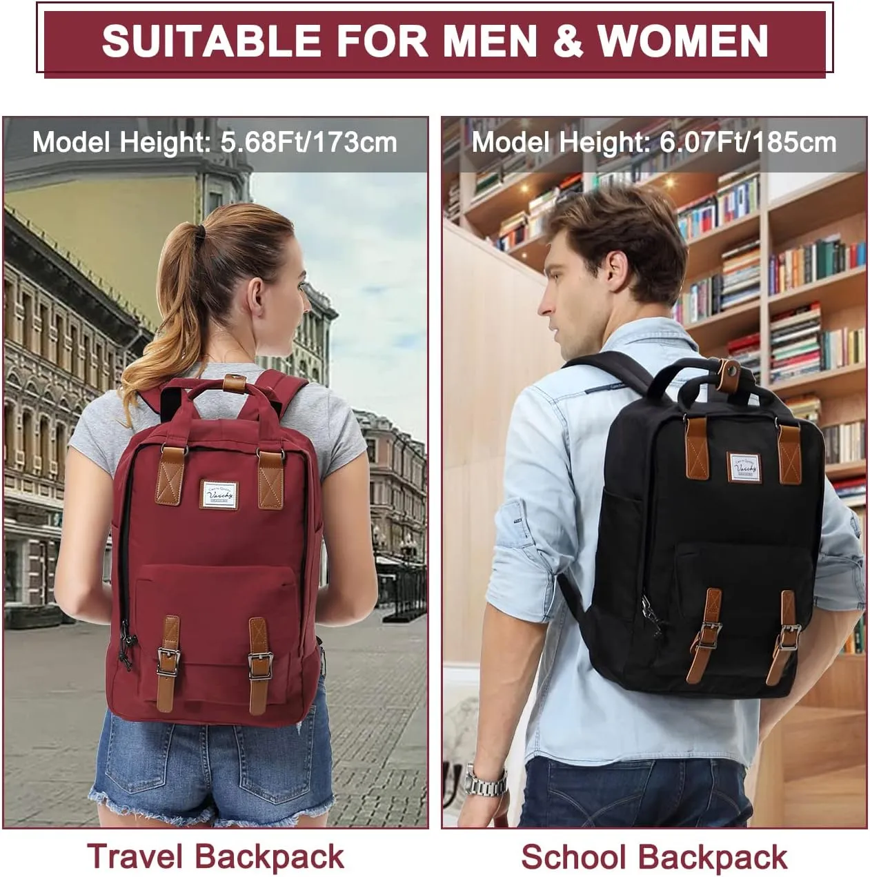VASCHY School Backpack for Men and Women, Unisex Vintage Water Resistant Casual Daypack Rucksack Bookbag for College Fits 15inch Laptop Backpack Burgundy