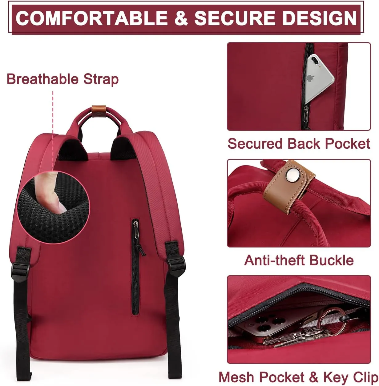 VASCHY School Backpack for Men and Women, Unisex Vintage Water Resistant Casual Daypack Rucksack Bookbag for College Fits 15inch Laptop Backpack Burgundy