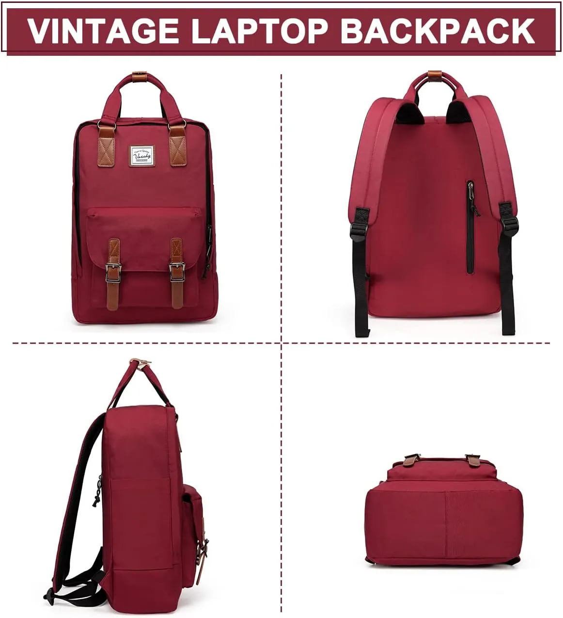VASCHY School Backpack for Men and Women, Unisex Vintage Water Resistant Casual Daypack Rucksack Bookbag for College Fits 15inch Laptop Backpack Burgundy