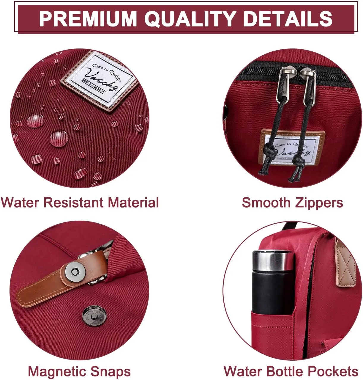 VASCHY School Backpack for Men and Women, Unisex Vintage Water Resistant Casual Daypack Rucksack Bookbag for College Fits 15inch Laptop Backpack Burgundy