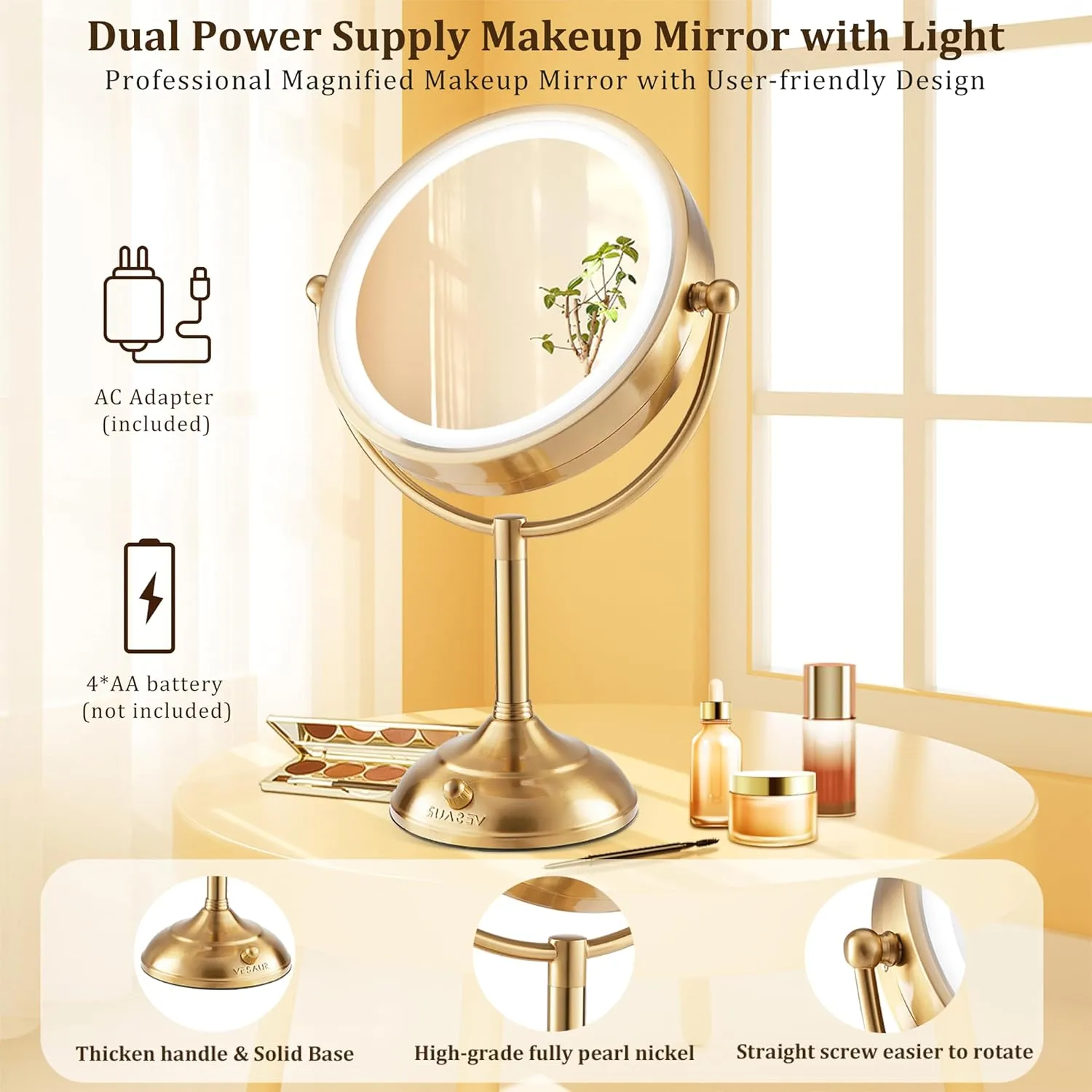 VESAUR 8.5'' Large Gold Lighted Makeup Mirror, 1X/10X Clear Seamless Magnifying Mirror, Bright Vanity Mirror with 3 Colors Dimmable Lights, Two-Sided 360°Rotation Stable Base, Luxury Nickel, Gift Box