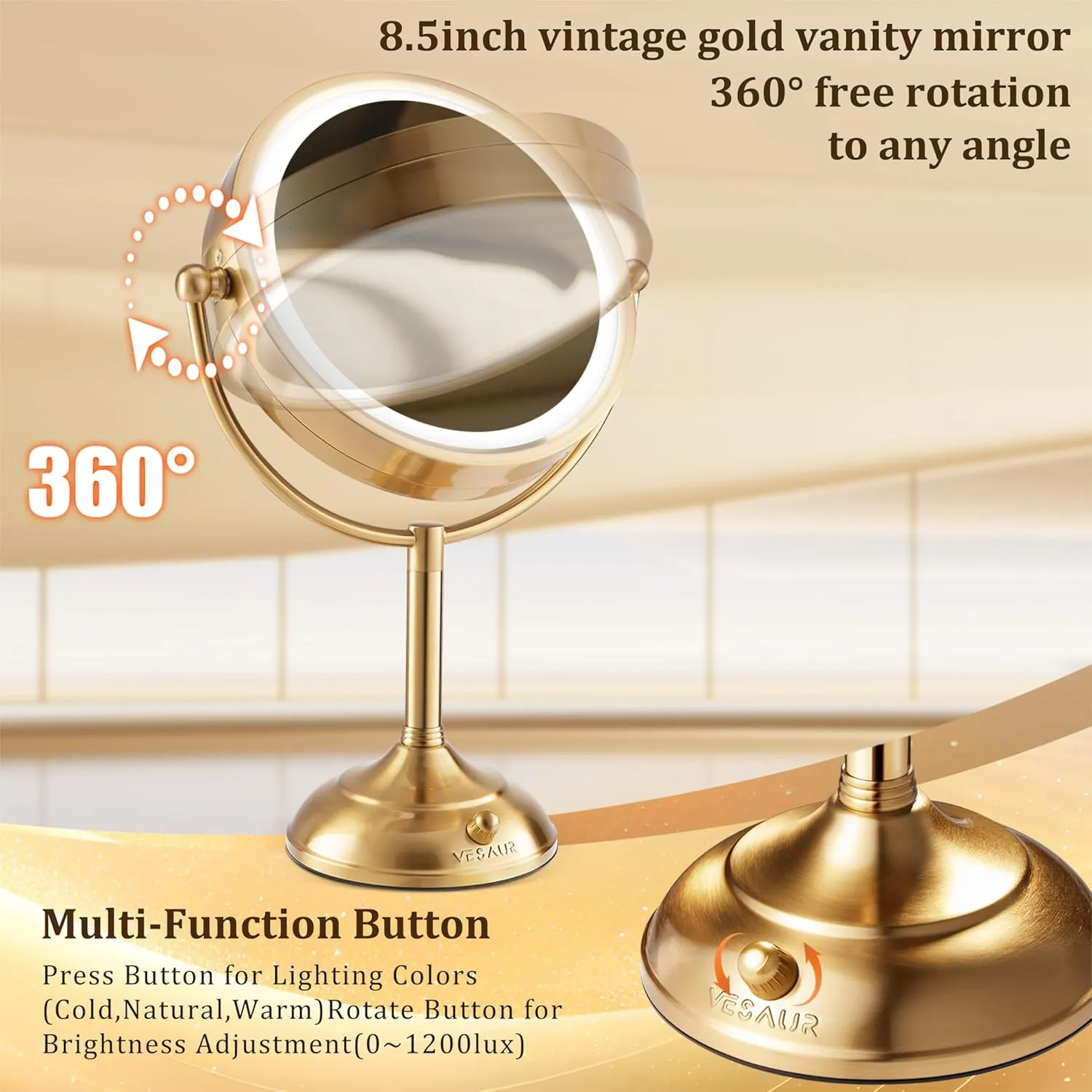 VESAUR 8.5'' Large Gold Lighted Makeup Mirror, 1X/10X Clear Seamless Magnifying Mirror, Bright Vanity Mirror with 3 Colors Dimmable Lights, Two-Sided 360°Rotation Stable Base, Luxury Nickel, Gift Box