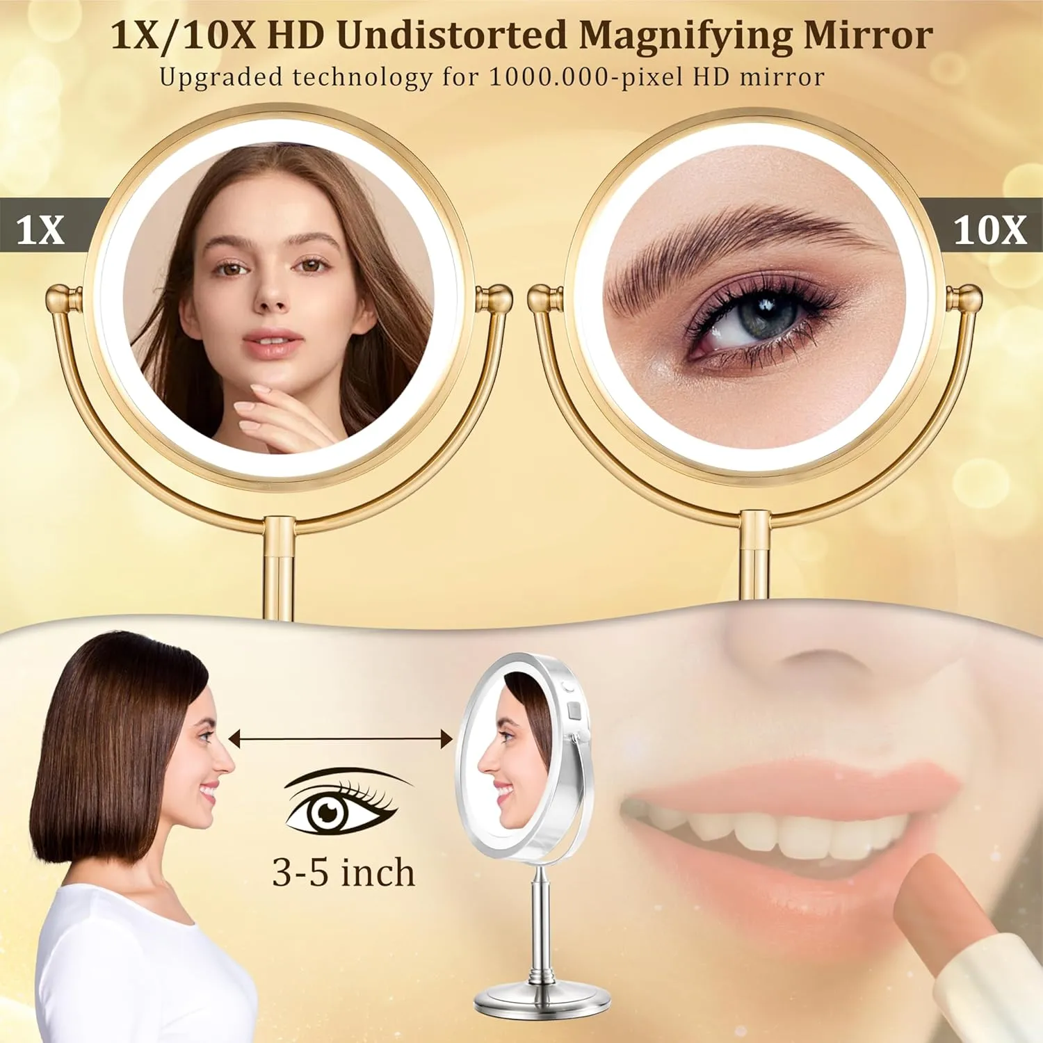 VESAUR 8.5'' Large Gold Lighted Makeup Mirror, 1X/10X Clear Seamless Magnifying Mirror, Bright Vanity Mirror with 3 Colors Dimmable Lights, Two-Sided 360°Rotation Stable Base, Luxury Nickel, Gift Box
