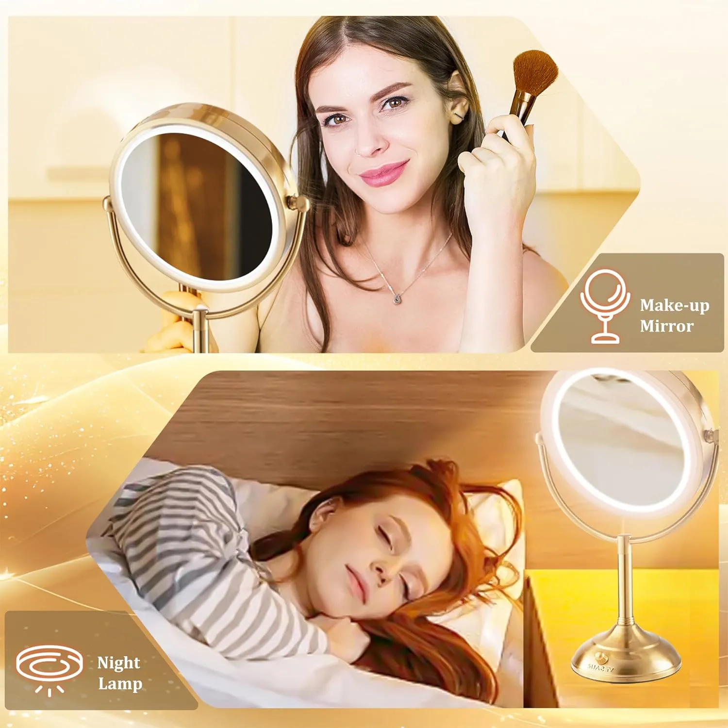 VESAUR 8.5'' Large Gold Lighted Makeup Mirror, 1X/10X Clear Seamless Magnifying Mirror, Bright Vanity Mirror with 3 Colors Dimmable Lights, Two-Sided 360°Rotation Stable Base, Luxury Nickel, Gift Box